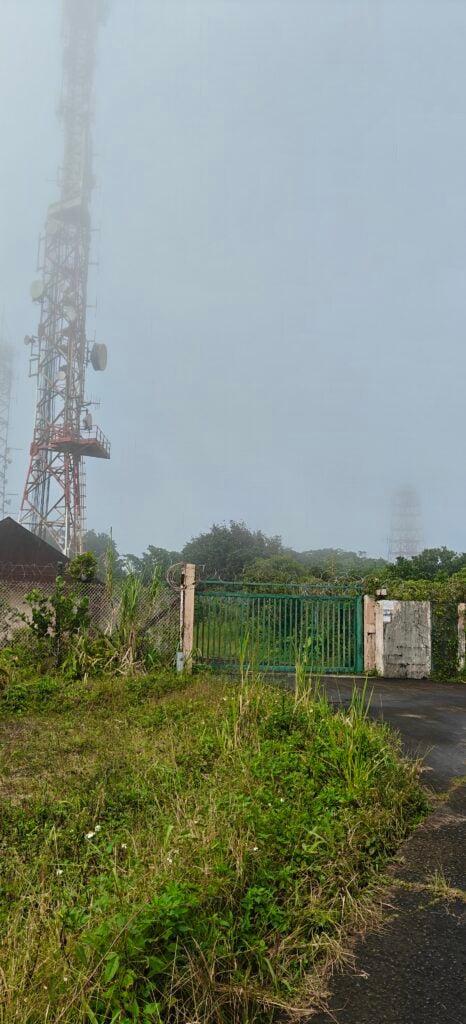 Transmitter mast in the mist behind an iron gate