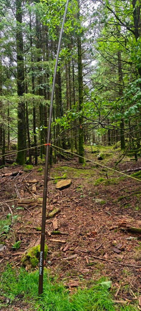 Brown fibreglass antenna pole set up in a forest.