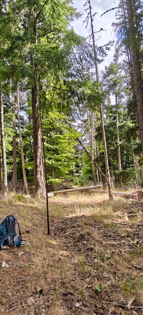 My aerial mast and backpack in a forest clearing.
