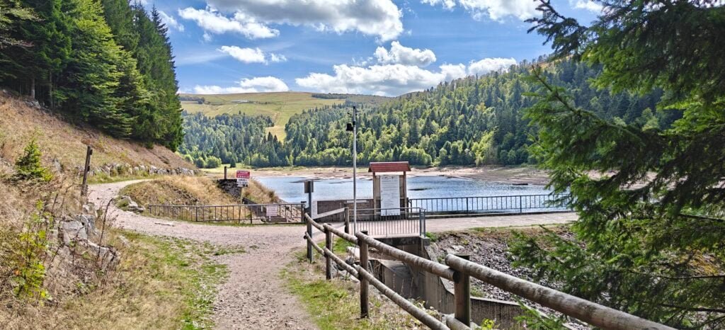 A reservoir between forested hills, with dam in the foreground. The water level in the reservoir is low. 